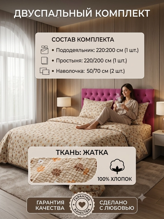 Ikki kishilik choyshab to'plami, Dantela, Jatka, Muslin mato, 100% paxta, gippoallergenniy - 