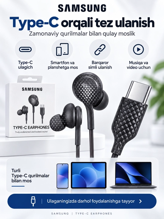 Samsung Type-C simli quloqchin, in-ear naushnik, telefon va planshet uchun
