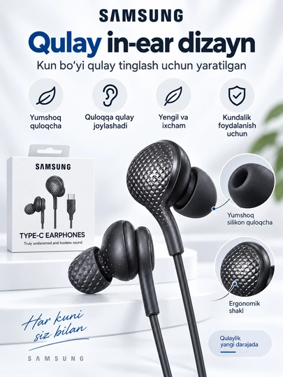 Samsung Type-C simli quloqchin, in-ear naushnik, telefon va planshet uchun