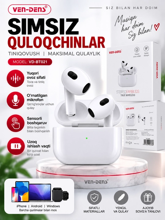Ven-Dens VD-BT021 PRO — simsiz TWS Bluetooth 5.4 quloqchinlari - 