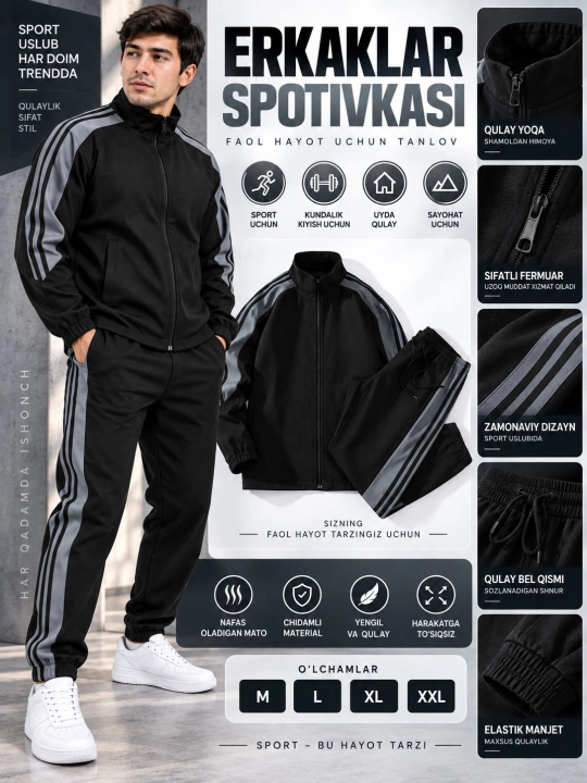 Erkaklar sport kostyumi, sportivka, ikki qismli to'plam