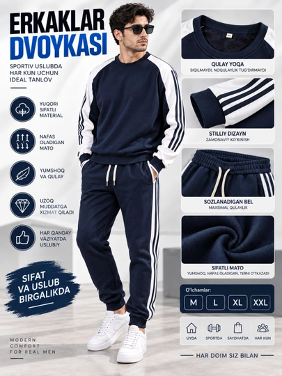 Erkaklar sport kostyumi, sportivka, ikki qismli to'plam