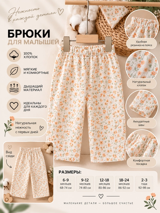 Муслиновые брюки Tiffany Baby, 100% хлопок, молочные с оранжевым цветочным принтом - 