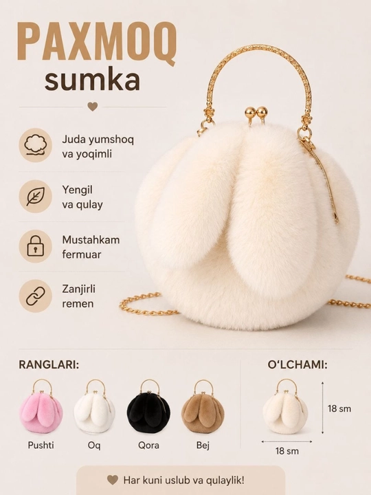Ayollar sumkasi,sovg'a qizlar uchun,quyon quloqli pahmoq sumka,yelka va qo'l uchun