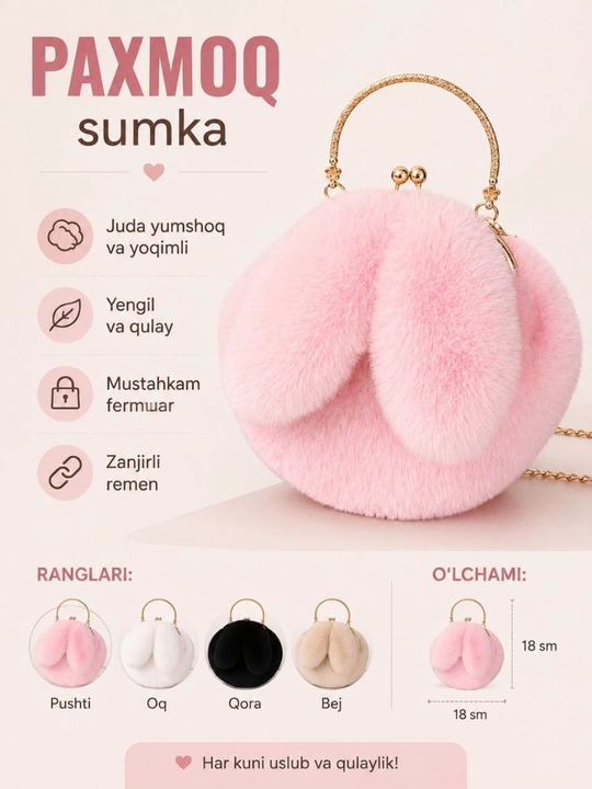 Ayollar sumkasi,sovg'a qizlar uchun,quyon quloqli pahmoq sumka,yelka va qo'l uchun