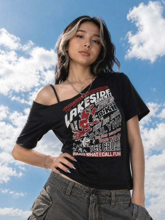 Qora bazaviy futbolka ayollar uchun, bir yelkali Y2K topik, croptop, koreys uslubi