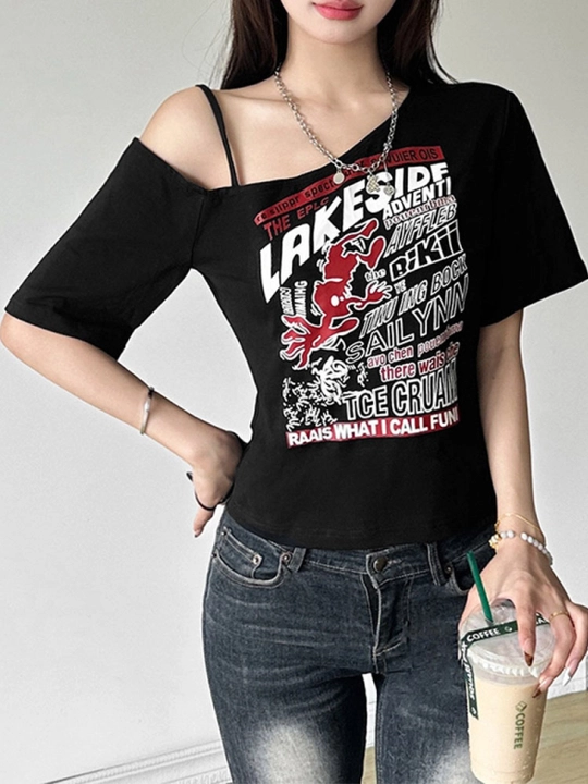 Qora bazaviy futbolka ayollar uchun, bir yelkali Y2K topik, croptop, koreys uslubi