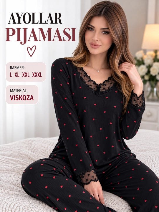 Женская пижама из вискозы, ночная одежда, комплект кофта с длинным рукавом и брюки, L-XXXL - 
