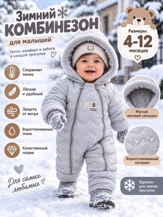 Зимний комбинезон для малышей, теплый с капюшоном, детский, на 4–12 месяцев - 