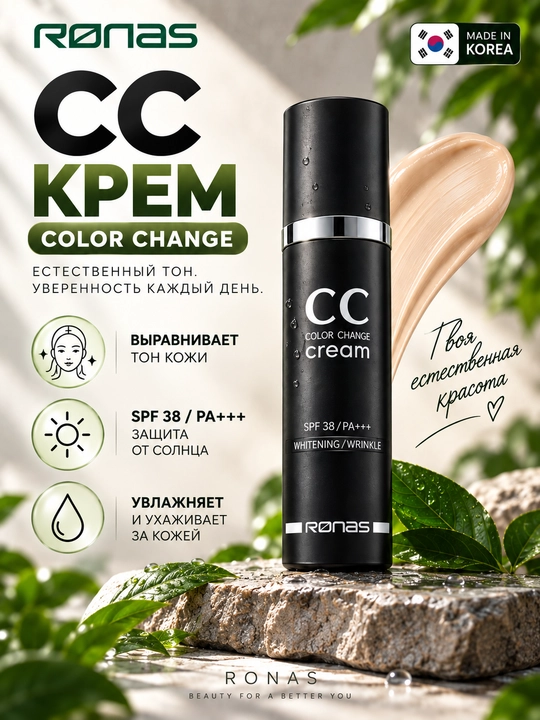 Солнцезащитный крем Ronas CC SPF 38 PA+++, 50 мл - 