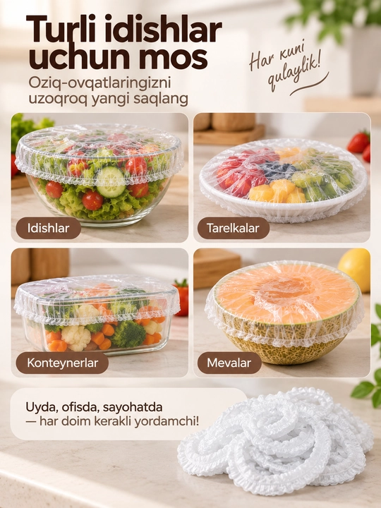 Пищевая плёнка на резинке FORRIS HOME, 100 шт, крышки-чехлы для посуды и холодильника