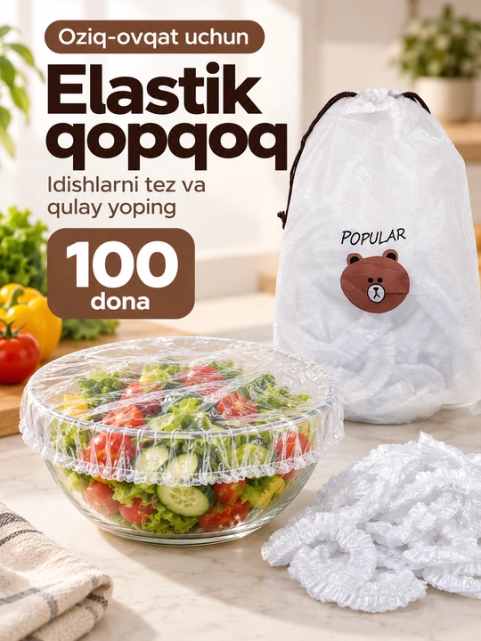 Rezinkali oziq-ovqat plyonkasi FORRIS HOME, 100 dona, idish va muzlatkich uchun qopqoq - 