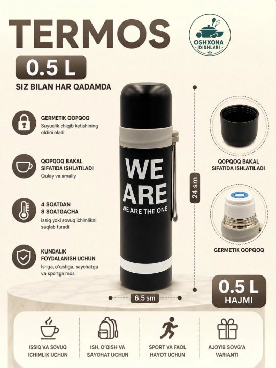 Termos 0,5 l, vacuum termos, issiq va sovuq saqlaydigan termos, vakuum termiz - 