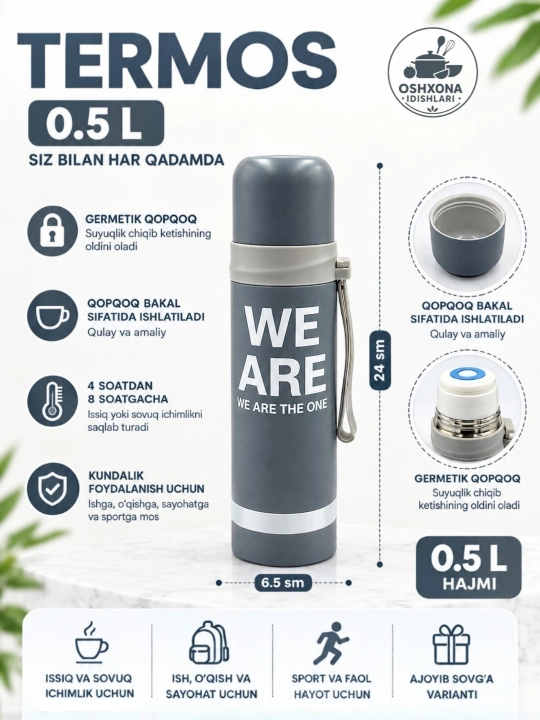 Termos 0,5 l, vacuum termos, issiq va sovuq saqlaydigan termos, vakuum termiz - 