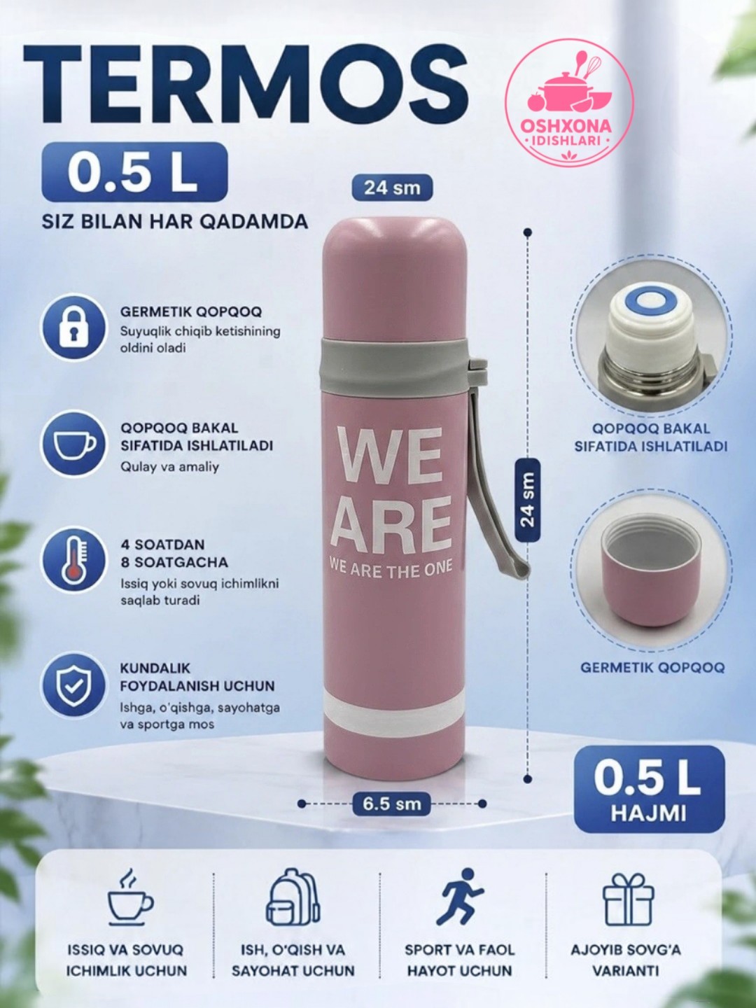 Termos 0,5 l, vacuum termos, issiq va sovuq saqlaydigan termos, vakuum termiz - 