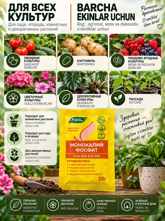 Монокалий фосфат Bonsai Way Organic P₂O₅ 50% K₂O 33% для растений