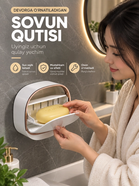 Devorga o'rnatiladigan sovun qutisi, sovun qutisi, sovun saqlagich, qopqoqli sovun qutisi