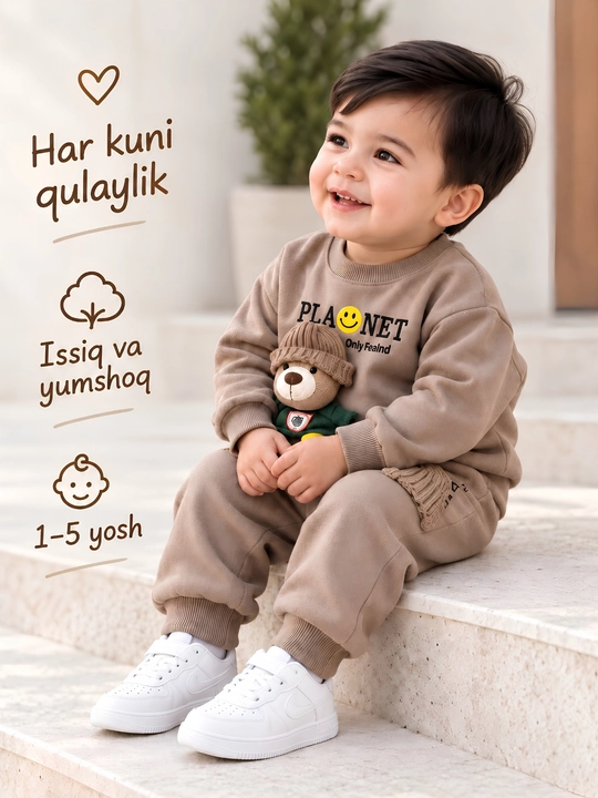 Bolalar uchun issiq sport kostyumi-svitshot va jogger shim,3D ayiqcha dizaynli - 