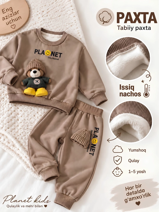 Bolalar uchun issiq sport kostyumi-svitshot va jogger shim,3D ayiqcha dizaynli