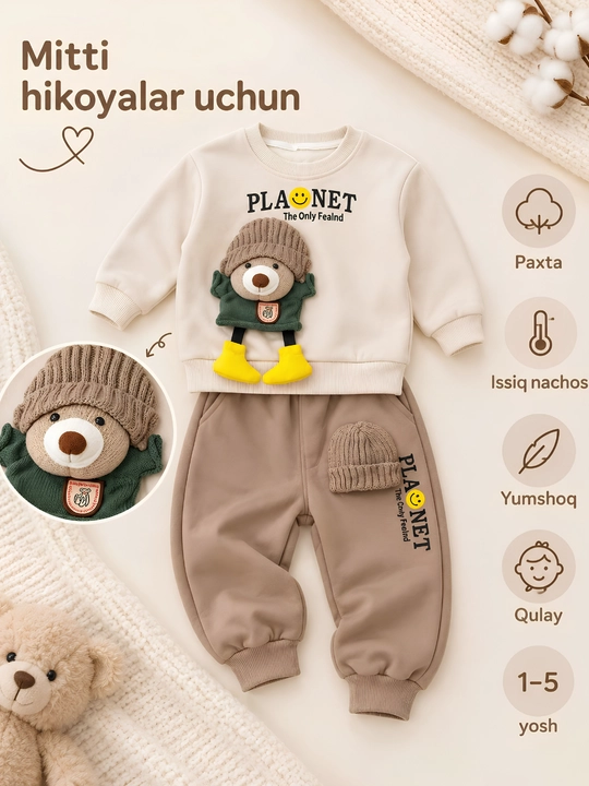 Bolalar uchun issiq sport kostyumi-svitshot va jogger shim,3D ayiqcha dizaynli