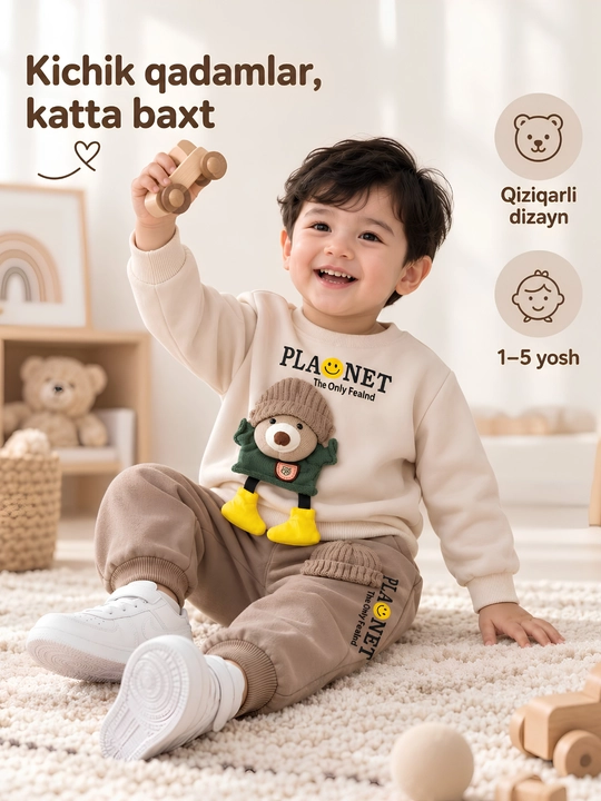 Bolalar uchun issiq sport kostyumi-svitshot va jogger shim,3D ayiqcha dizaynli