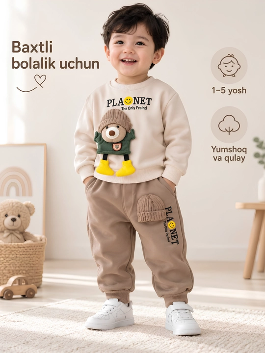 Bolalar uchun issiq sport kostyumi-svitshot va jogger shim,3D ayiqcha dizaynli