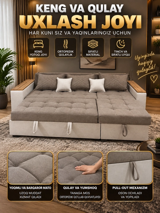 Yashikli yig‘ma burchakli divan, yumshoq divan, divan karavot Woodzone