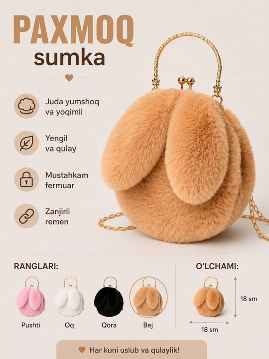 Ayollar sumkasi,sovg'a qizlar uchun,quyon quloqli pahmoq sumka,yelka va qo'l uchun