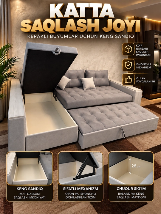 Yashikli yig‘ma burchakli divan, yumshoq divan, divan karavot Woodzone