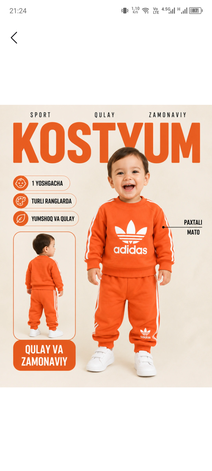 Bolalar sport kostyum, 2 qismli to'plam: sviter va shim, 1 yoshgacha, paxtali