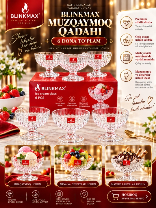 Muzqaymoq va desertlar uchun shaffof shisha qadahlar to'plami Blinkmax, 6 dona Kremanka - 