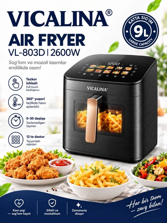Aero grill Vicalina VL-803D, 9 litr, 2600 Vt, sensorli, qora - 