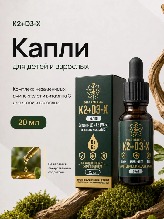 Vitamin D3 K2 tomchilar K2+D3-X bolalar va kattalar uchun, D3 450 XB, K2 MK-7, 20 ml - 