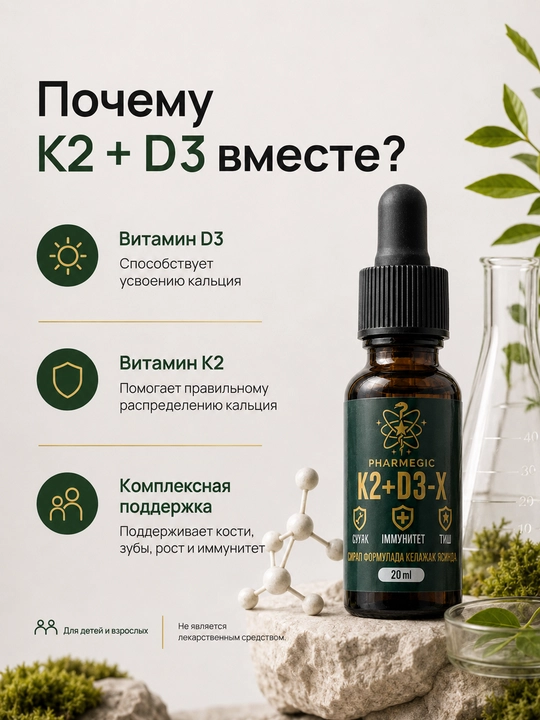 Vitamin D3 K2 tomchilar K2+D3-X bolalar va kattalar uchun, D3 450 XB, K2 MK-7, 20 ml