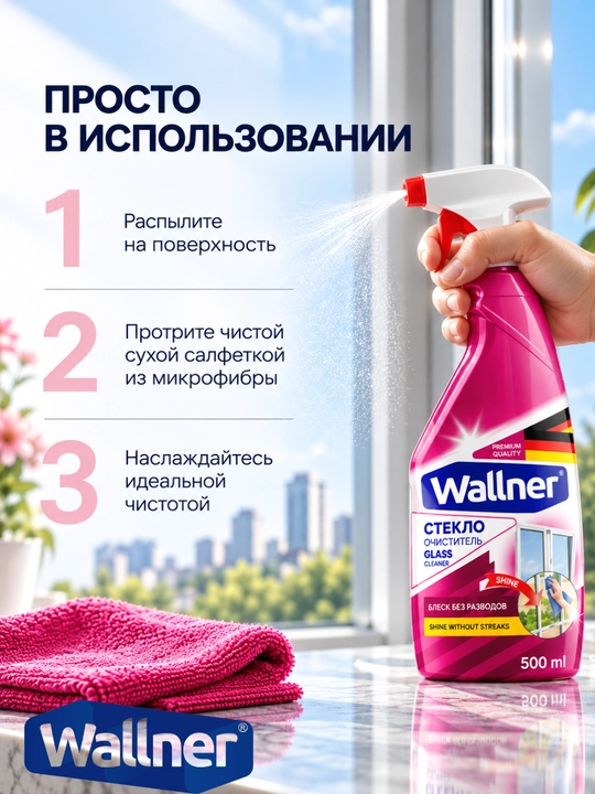 Средство для стекол Wallner, 500 мл, без разводов, цветочный аромат