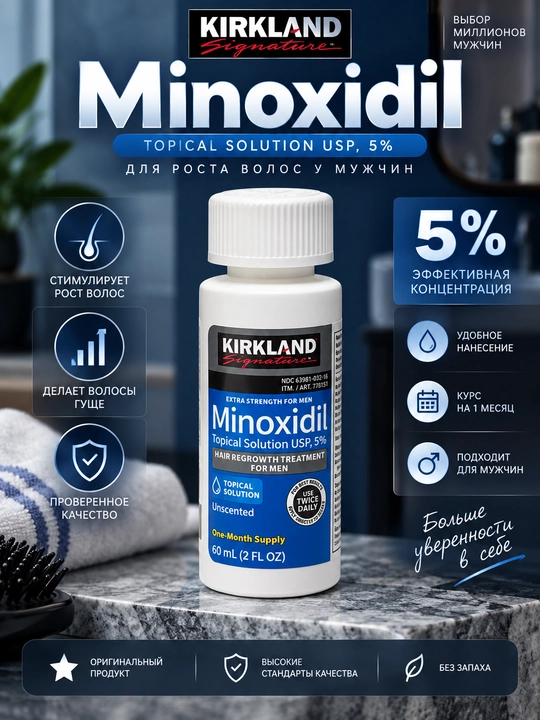 Kirkland Signature Minoxidil 5%, раствор для роста волос, 60 мл - 