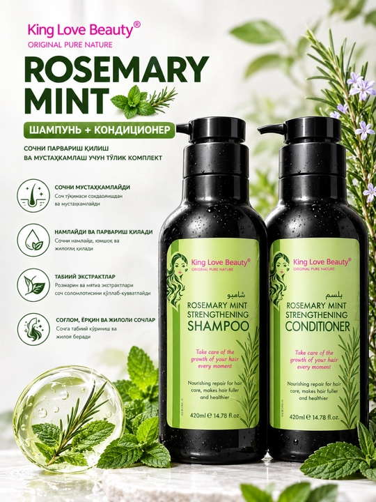 Rosemary Mint shampun + konditsioner 2×420 ml, soch parvarishi, mustahkamlovchi shampun