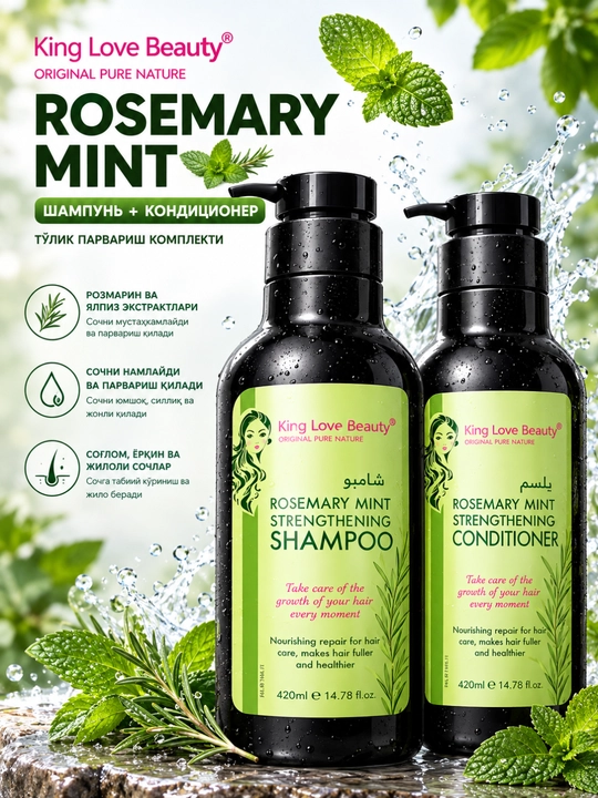 Rosemary Mint shampun + konditsioner 2×420 ml, soch parvarishi, mustahkamlovchi shampun