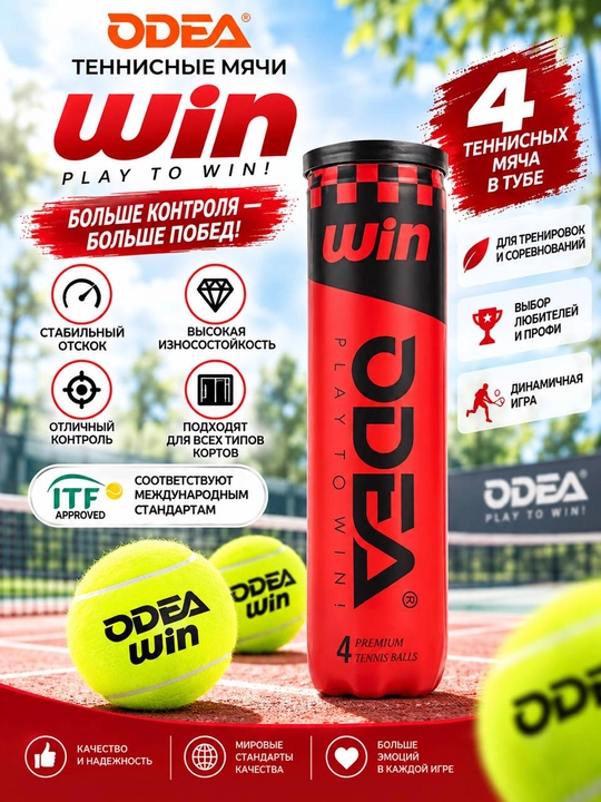 ODEA WIN tennis to‘plari, 1 ta tyubada 4 dona — mashg‘ulot va kortda o‘ynash uchun - 