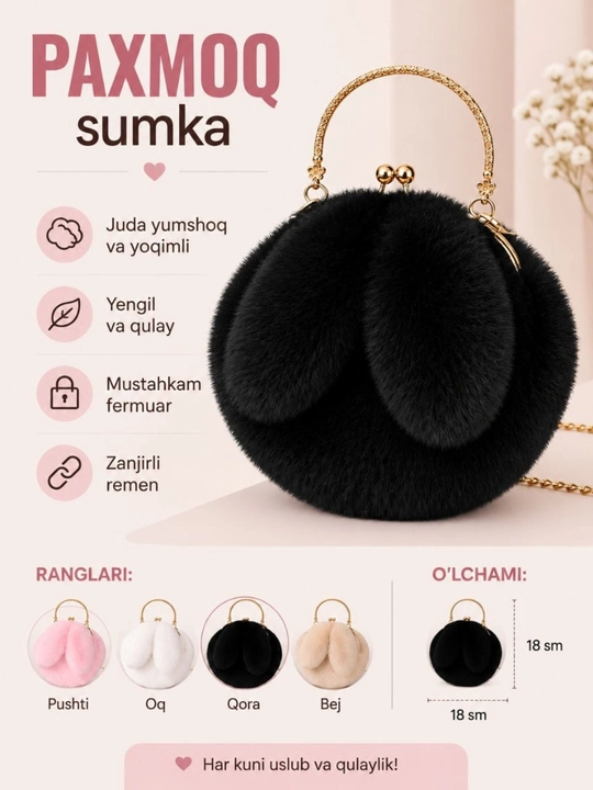 Ayollar sumkasi,sovg'a qizlar uchun,quyon quloqli pahmoq sumka,yelka va qo'l uchun