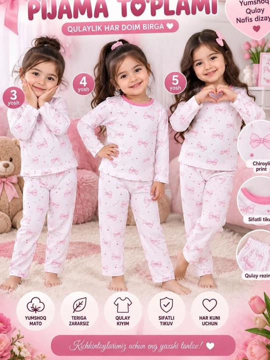 Qizlar uchun pijama to‘plami 3–5 yosh yumshoq uyqu kiyimi bantik print - 