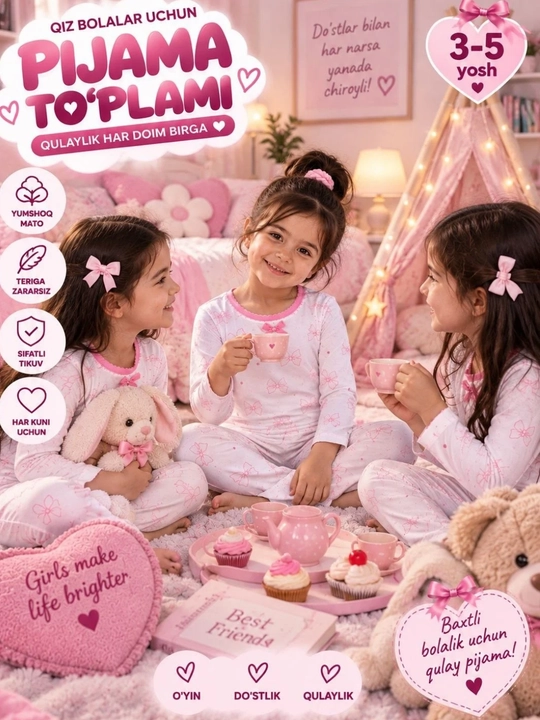 Qizlar uchun pijama to‘plami 3–5 yosh yumshoq uyqu kiyimi bantik print