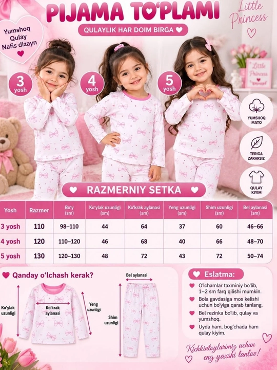 Qizlar uchun pijama to‘plami 3–5 yosh yumshoq uyqu kiyimi bantik print