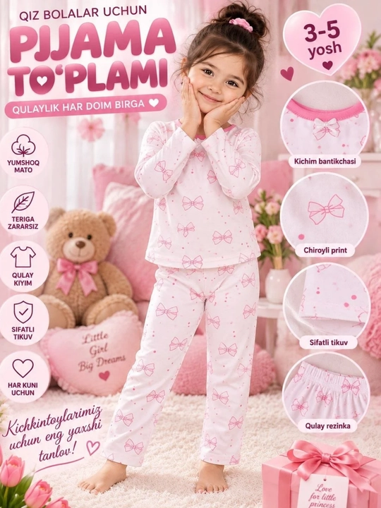 Qizlar uchun pijama to‘plami 3–5 yosh yumshoq uyqu kiyimi bantik print
