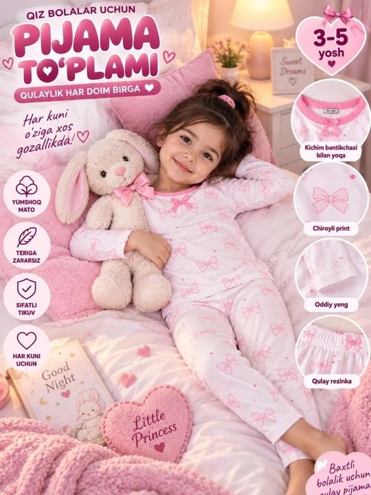 Qizlar uchun pijama to‘plami 3–5 yosh yumshoq uyqu kiyimi bantik print