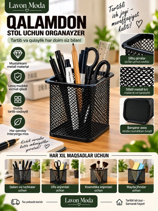 Stol uchun metall organayzer — qalam, ruchka va kanselyariya buyumlari uchun qalamdon