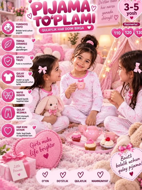 Qizlar uchun pijama to‘plami 3–5 yosh yumshoq uyqu kiyimi bantik print