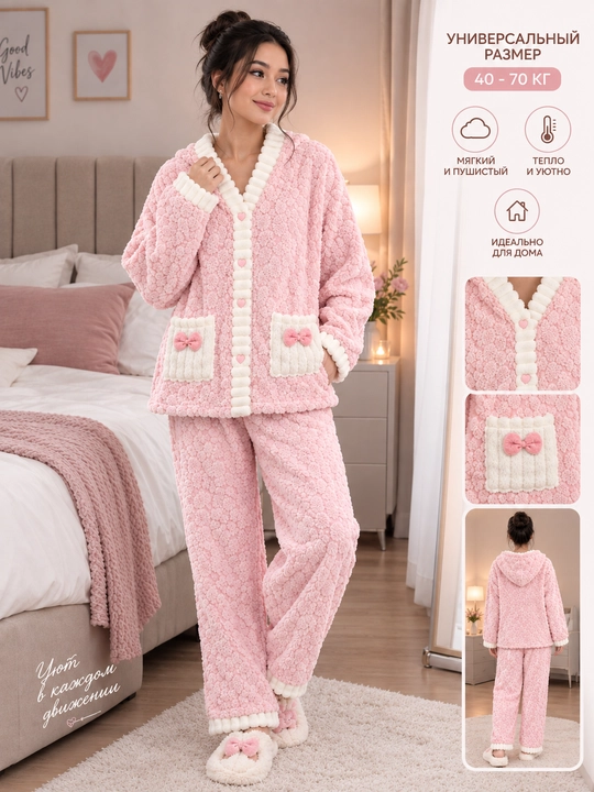 Ayollar uchun pijama shimlar bilan, yumshoq plyush, issiq uy kiyimi oversize - 