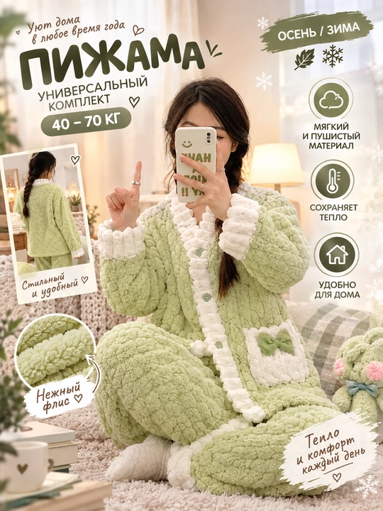 Ayollar uchun pijama shimlar bilan, yumshoq plyush, issiq uy kiyimi oversize