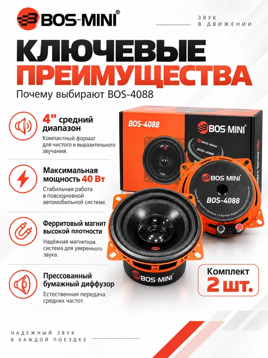 BOS MINI BOS-4086/BOS-4088 среднечастотные автодинамики 4″, 40 Вт - 